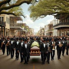 a group of men in tuxedos are walking down the street with a casket