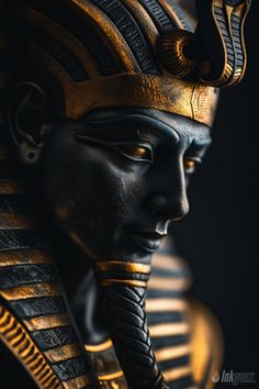 an egyptian statue is shown in black and gold