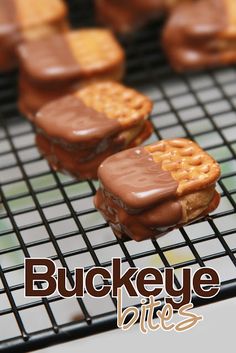 chocolate covered waffles and pretzels on a cooling rack with the words buckeye bites