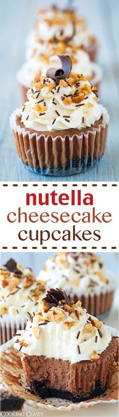 nutella cheesecake cupcakes with white frosting and chocolate sprinkles