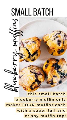 small batch of blueberry muffins on a white plate with text overlay