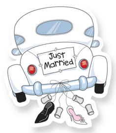 a cartoon car with the words just married on it's bumper sticker next to another car