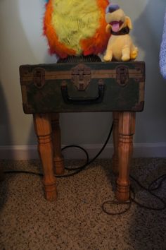 two stuffed animals sitting on top of an old suitcase in the corner of a room