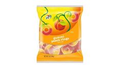 a bag of gummy peach rings on a white background