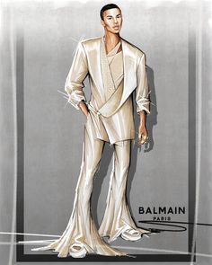 a drawing of a man in a white suit and gold shoes with his hands on his hips