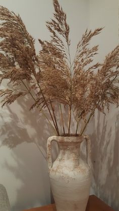 a white vase with some plants in it on a table next to a wall and a chair