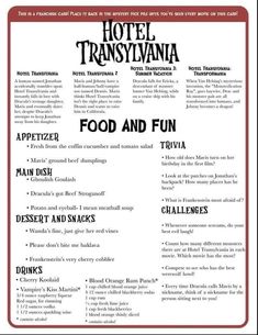 the menu for hotel transsyvania