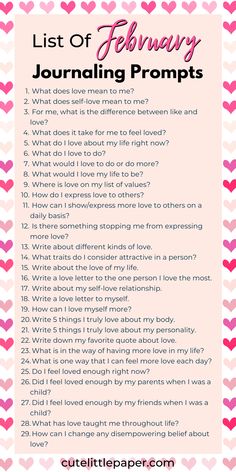 a list of february journaling prompts with hearts in the background and text overlay