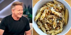 a man sitting in front of a bowl filled with pasta and another photo of him smiling