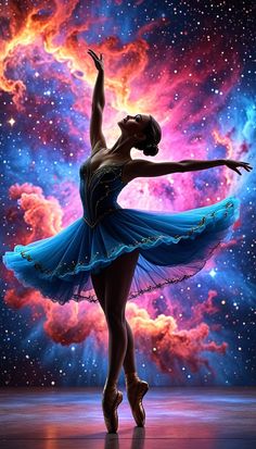 a ballerina in a blue dress is dancing with the stars and clouds behind her