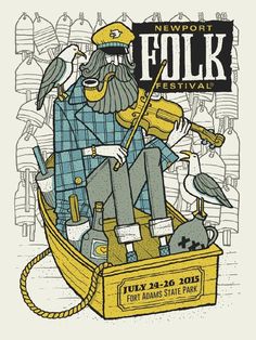 an image of a man in a boat with birds on his head and the words folk festival