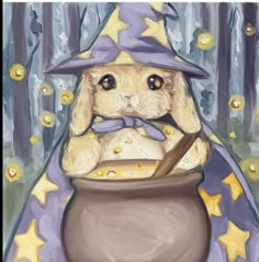 a painting of a dog wearing a witches hat and holding a caulder filled with gold stars