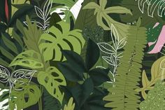 an image of a jungle scene with plants and leaves in shades of green, pink, yellow and white