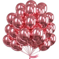 a bunch of shiny pink balloons are in the air