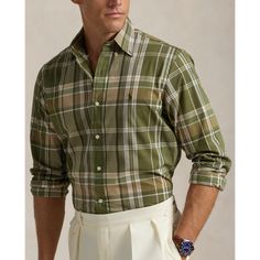 This shirt’s cotton poplin is woven with extra stretch to help keep you comfortable throughout the day. Light Olive Green, Ralph Lauren Plaid, Classic American Style, Button Outfit, Polo Pony, Ralph Lauren Kids, Ralph Lauren Collection, Poplin Shirt, Dillard's