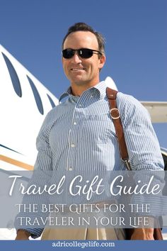 a man wearing sunglasses and carrying a bag with the words travel gift guide on it