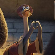 an ostrich is making a heart shape with his hands in the air while another looks on