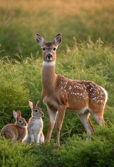 an adult deer standing next to two small rabbits in tall grass, with another one looking at the camera