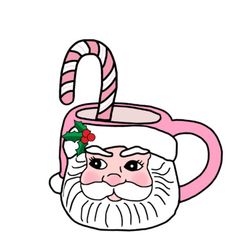 a santa claus mug with candy cane in it