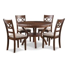 a round dining table with four chairs and one chair in the middle, on a white background