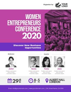 the women's conference flyer is shown in purple and white, with two rows of people