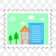 a postage stamp with a house and trees on it