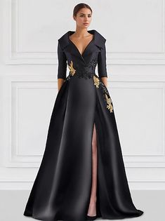 A-Line Evening Gown Elegant Dress Formal Floor Length 3/4 Length Sleeve V Neck Fall Wedding Guest Chiffon with Embroidery 2024 2024 - $119 Black Formal Wedding Guest Dress, Celebrity Style Dresses