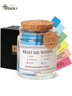 a glass jar with a cork lid and label reading read me when