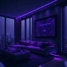 a living room with purple lighting in the ceiling and large window overlooking cityscape