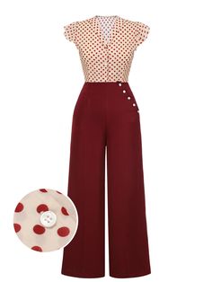 30-70% OFF✓ Fast Shipping✓Stand out with Retro Stage’s red polka dot blouse and burgundy pants, a striking set that combines bold patterns with a chic silhouette. 1950s Pants, 40s Outfits, Retro Stage, 1950’s Style, Inspired Clothes, Burgundy Pants, Vintage Romper, Fantasy Closet, Standard Dress