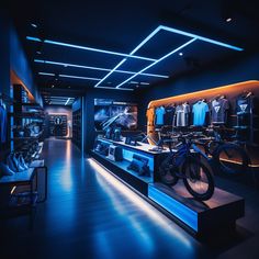 a bike is on display in a store with blue lighting and other items behind it