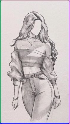 a pencil drawing of a woman in high waisted jeans and a top with ruffle sleeves