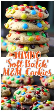 a stack of cookies with m & m candies on top and the words summit soft butter