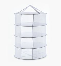 four tiered clear plastic storage container with white mesh hanging from the top, on a white background