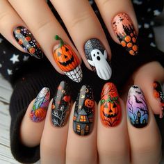 Neon Halloween Nails, Neon Halloween, Black Halloween Nails, Nail Art Halloween, Orange Nail Polish, Halloween Press On Nails, Cute Halloween Nails