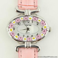 Murano Millefiori Oval Watch with Leather Band - Pink Trendy Watches Women, Oval Watch, Trendy Watches, Glass Making, Watches Women, Hacks Diy, Rubber Band, Rubber Bands, Watches Jewelry