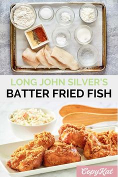 an image of fish batters and other ingredients on a tray with the words, long john silver's fish batter