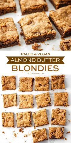 almond butter blondies are stacked on top of each other with the words almond butter blondies below them