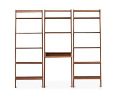 three wooden shelves with one shelf open and the other closed, against a white background