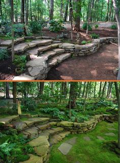 two different views of the same area with rocks and grass in it, one has steps leading up to trees