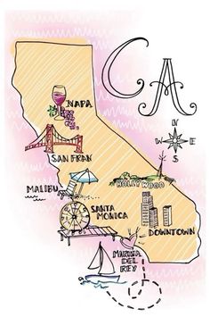 a drawing of the state of california with its capital and major cities on it's map