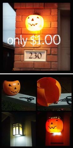 some pumpkins that are lit up in front of a brick building with the words 00 11