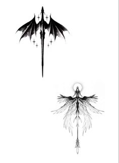 two black and white drawings of wings, one with an inverted design on the wing