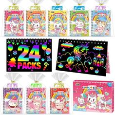 the package includes 24 packs of unicorn stickers and an assortment of rainbow - themed bags