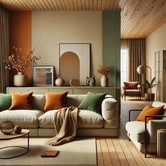 a living room filled with lots of furniture and decor on top of wooden flooring