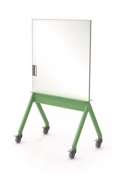 a green cart with a white board on wheels