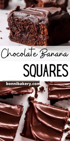 chocolate banana squares cut in half and stacked on top of each other with text overlay