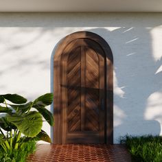 a wooden door sitting next to a lush green plant