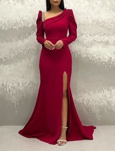 Mermaid / Trumpet Evening Gown Elegant Dress Christmas Court Train Long Sleeve V Neck Stretch Fabric with Rhinestone Ruched Ballgown Prom Dress, Classic Prom Dress, Simple Prom Dress Long, Gown Elegant, Formal Parties, Satin Homecoming Dress, Beach Wedding Dress Boho, Strapless Prom Dresses, Simple Prom Dress