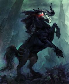 a black horse with horns on it's back